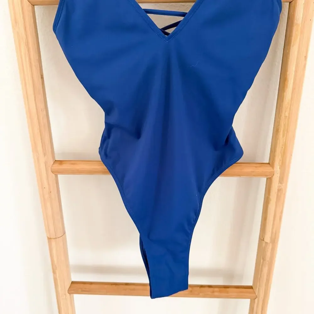NWOT TA3 Plungey One Piece Swimsuit Sapphire Blue Lace Up Back Shapewear Medium